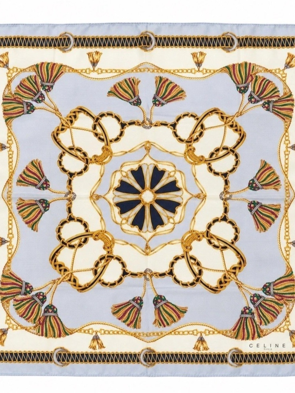 Céline Paris Vintage Square Neck Scarf – Gold Chain & Tassel Print